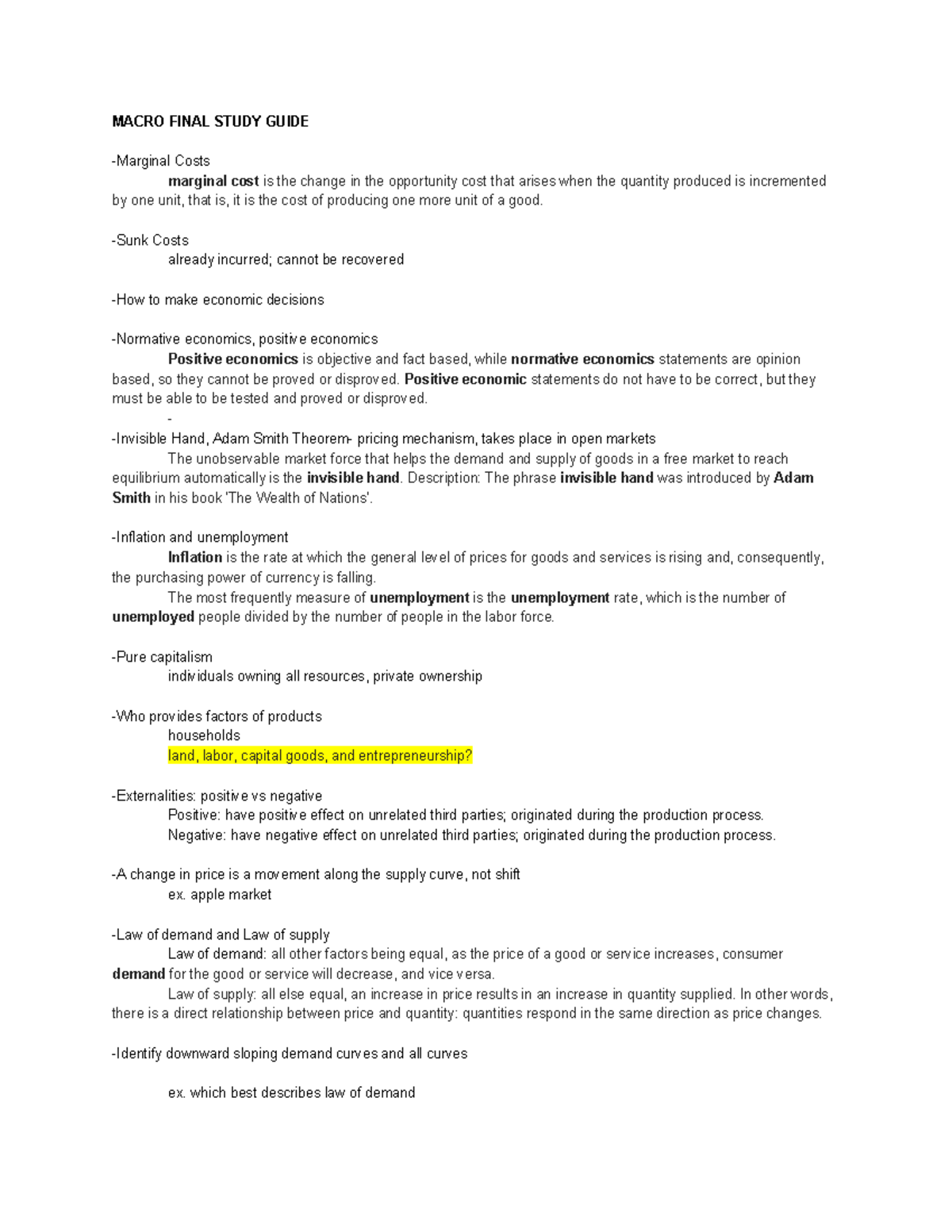 Macro Final Study Guide - MACRO FINAL STUDY GUIDE -Marginal Costs ...