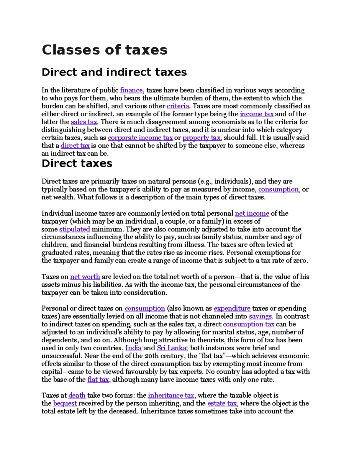 Classes of taxes notes Classes of taxes Direct and indirect taxes