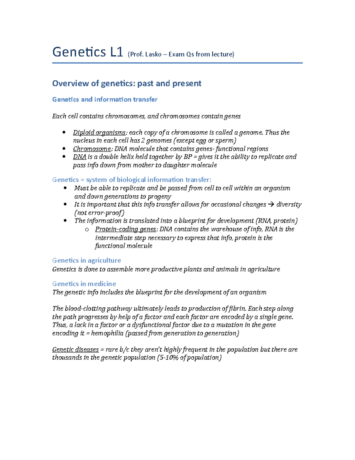 Genetics L1 - Lecture notes 1 - Genetics L1 (Prof. Lasko Exam Qs from ...