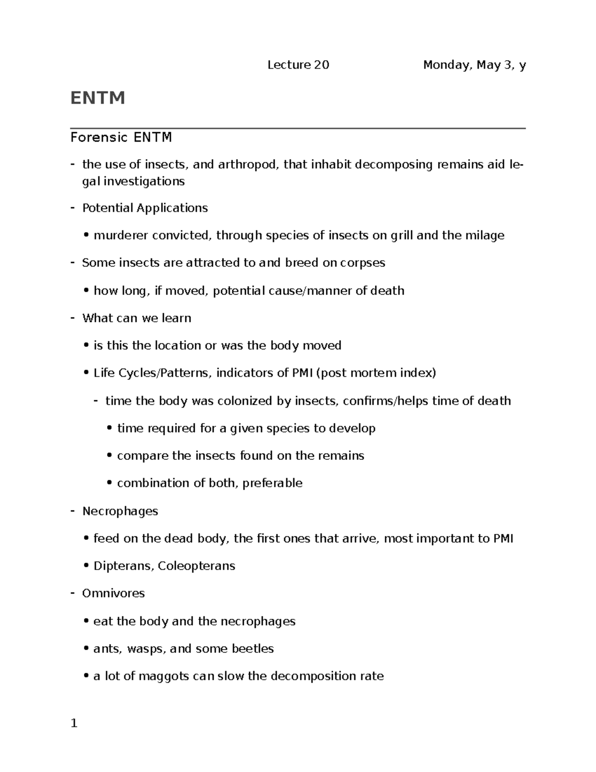 Lec20 Lecture Notes 20 Entm Forensic Entm The Use Of Insects And