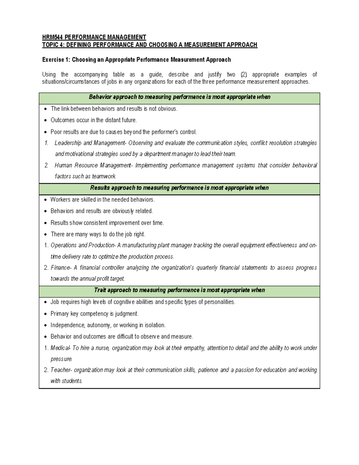 CHAP 04 Exercise 1 - HRM544 PERFORMANCE MANAGEMENT TOPIC 4: DEFINING ...