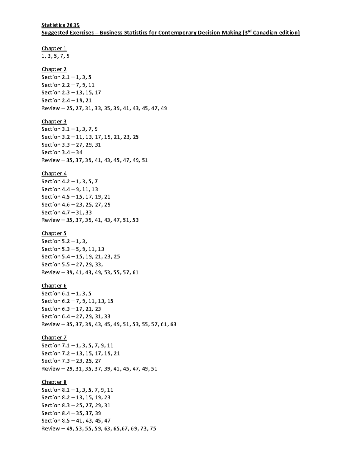 Stats Questions - notes - Suggested Exercises – Business Statistics for ...