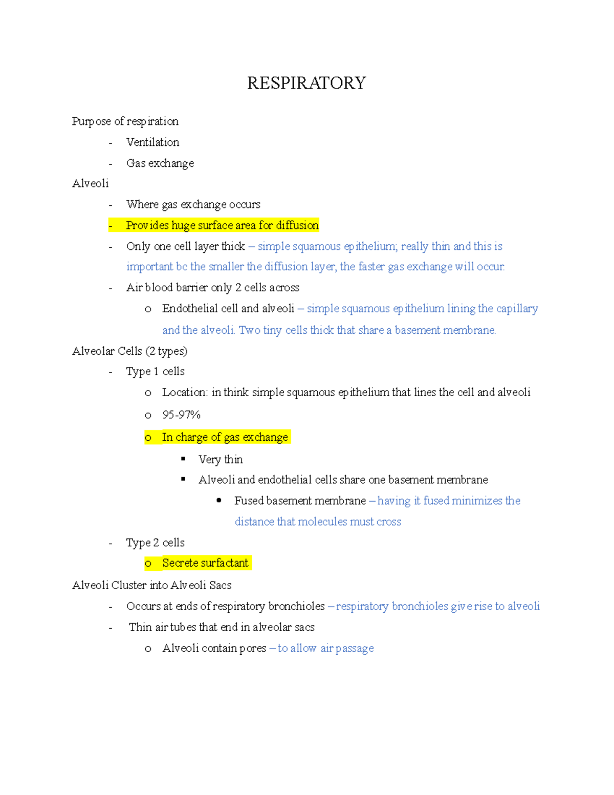 Respiratory - RESPIRATORY Purpose of respiration - Ventilation - Gas ...