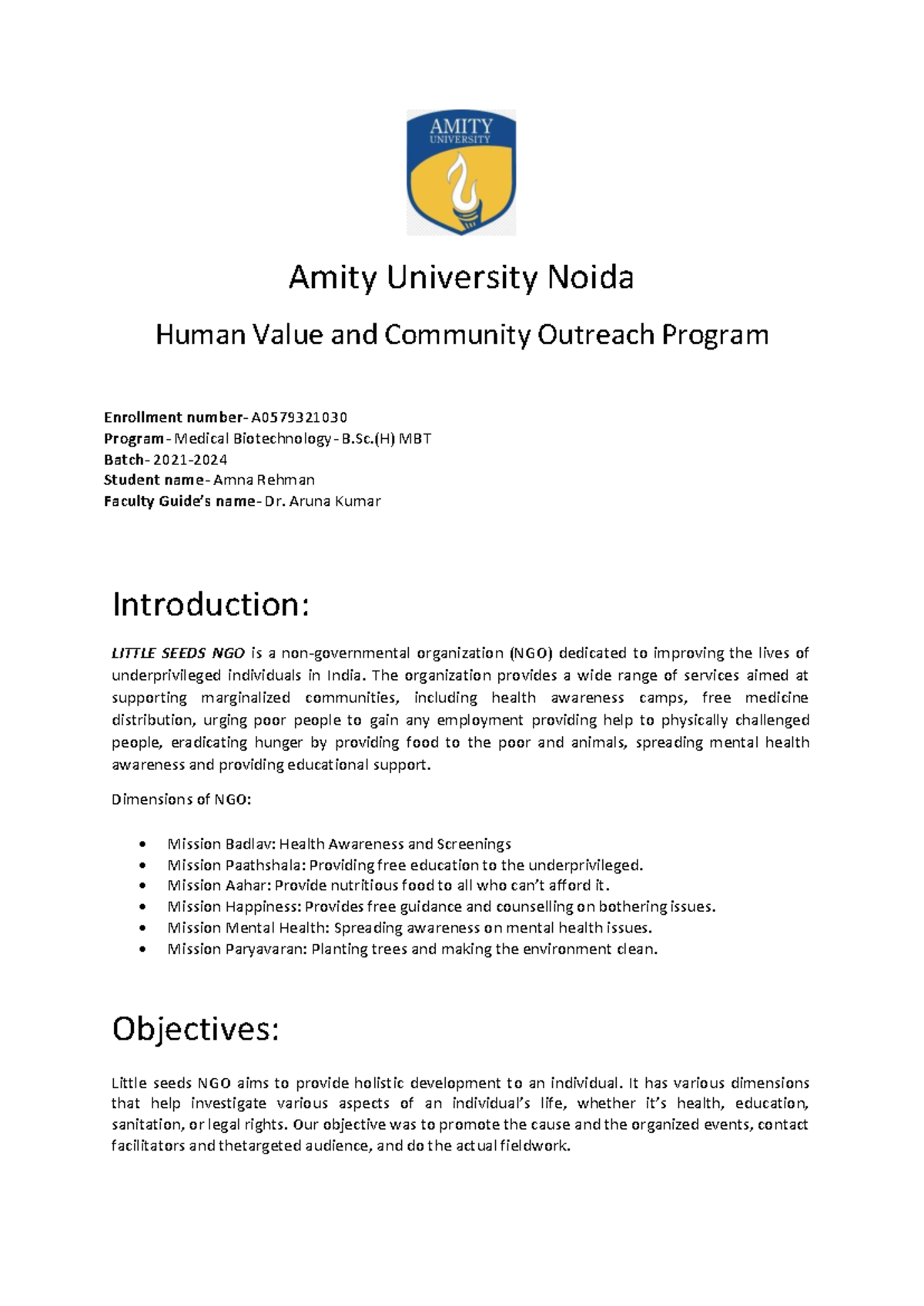 Portfolio 1 Amity University Noida Human Value And Community Outreach