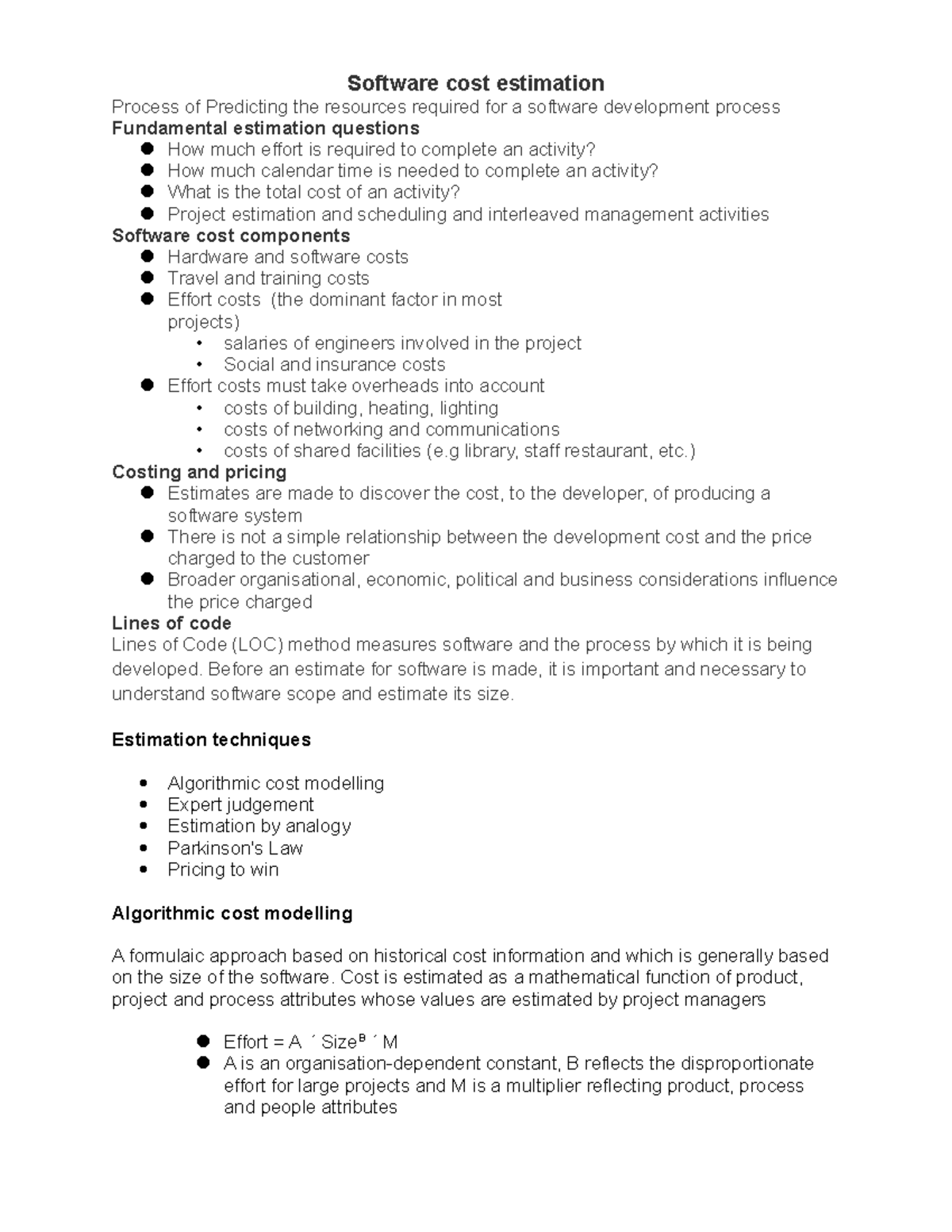 Bit 3101 software estimation 12 software cost estimation process of