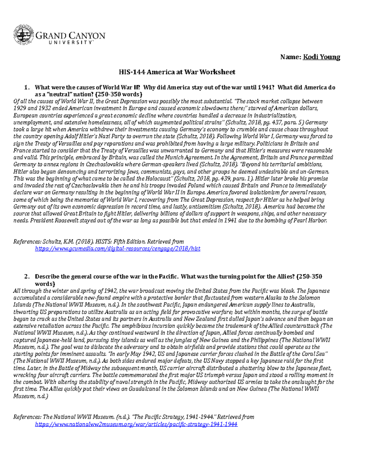 HIS144T7.America at War Name Kodi Young HIS144 America at War