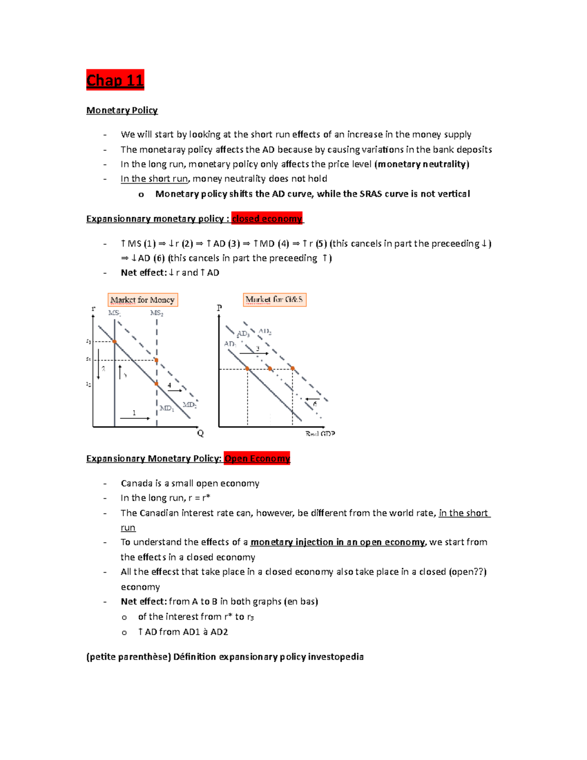 Chap 11 - Résumé Macroéconomie - Chap 11 Monetary Policy We will start ...