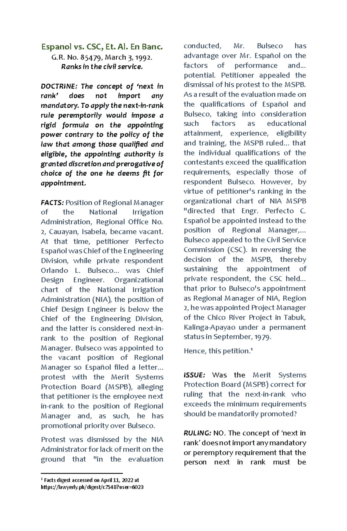 Espanol vs CSC, 1992 Ranks IN CSC - Espanol vs. CSC, Et. Al. En Banc. G ...