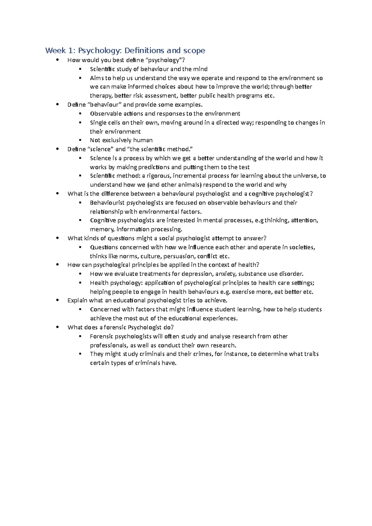 Week 1 Questions and Answers - Week 1: Psychology: Definitions and ...