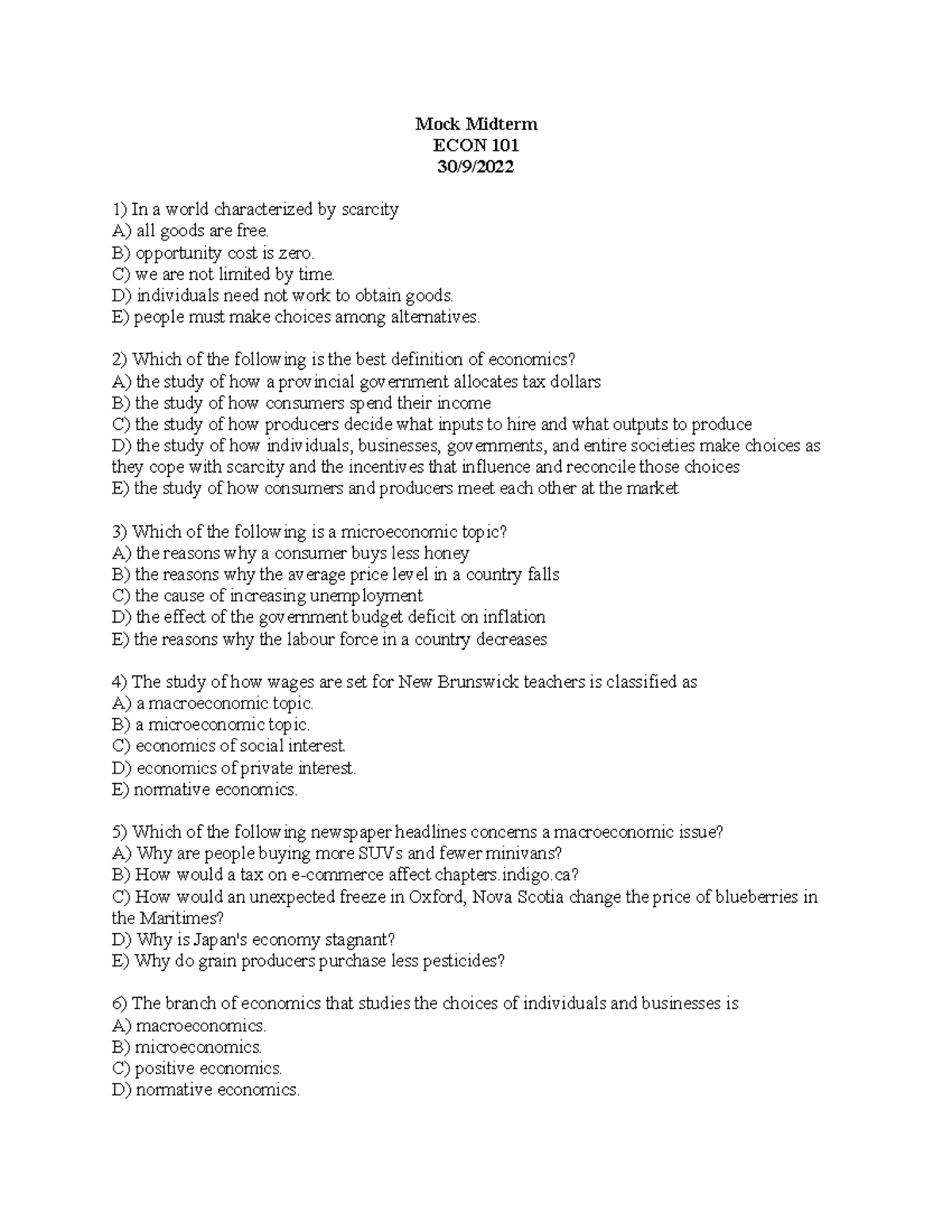 Mock Midterm Questions Only - Mock Midterm ECON 101 30/9/ In a world ...