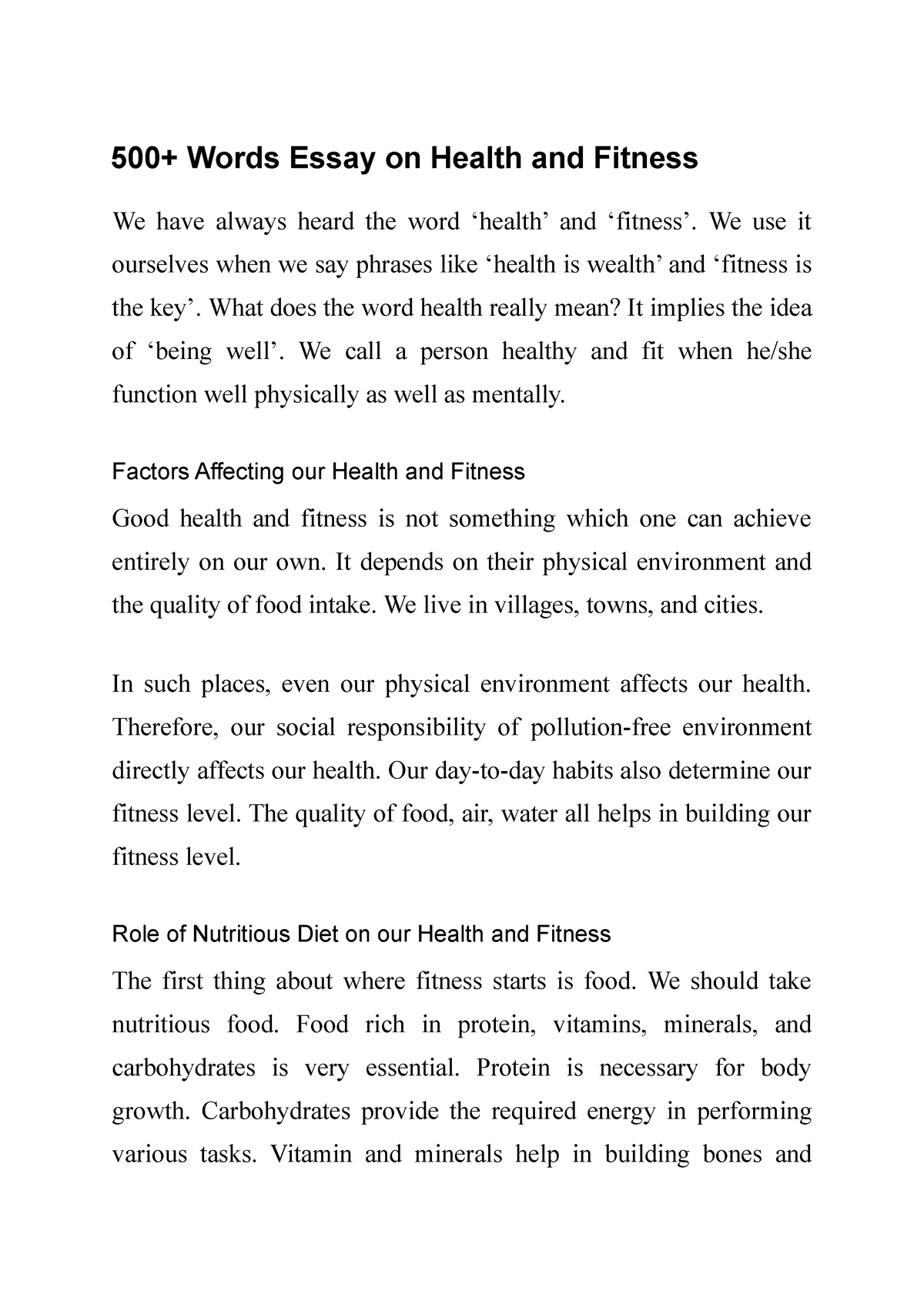 essay on topic health and fitness in 500 words