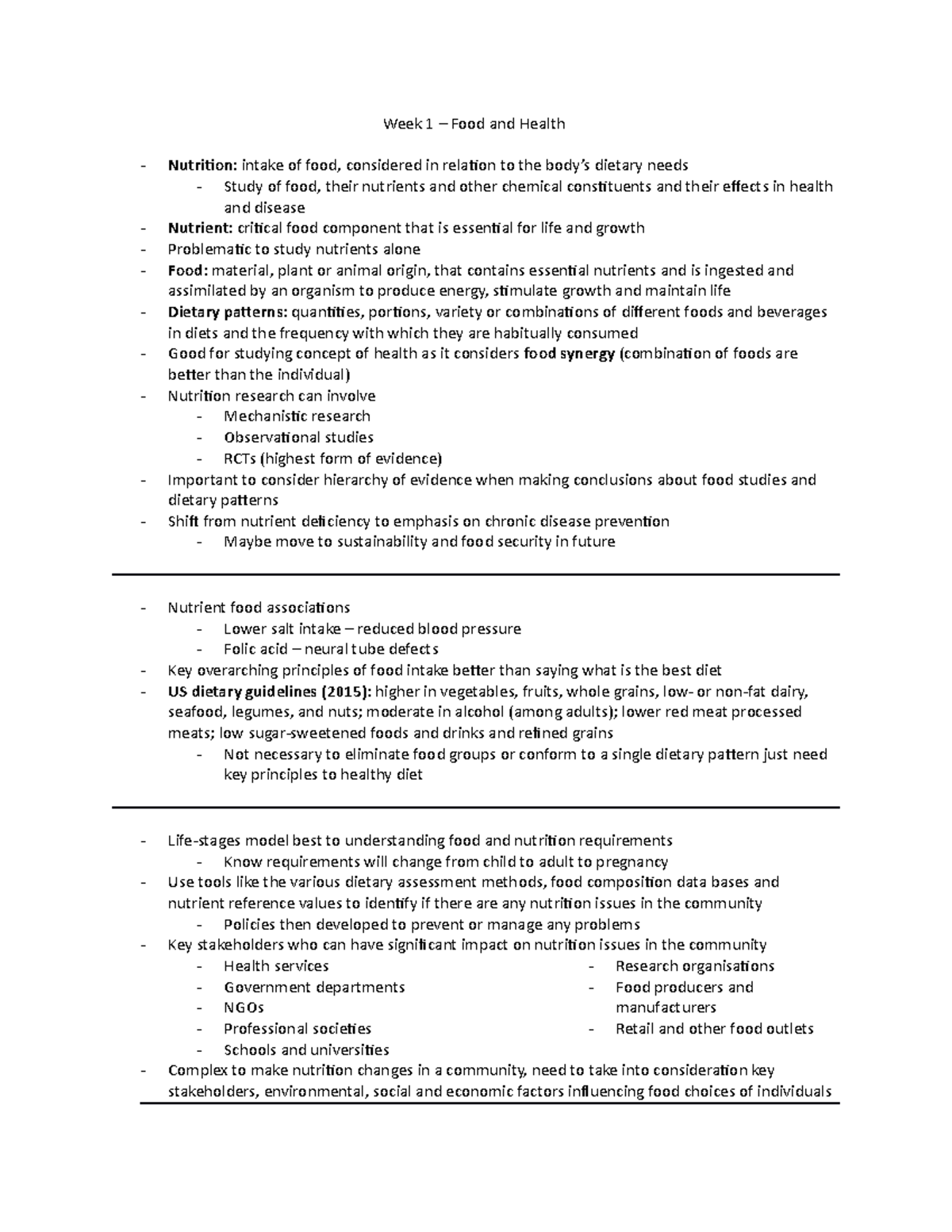 Week 1 - Lecture notes 1 - Week 1 Food and Health Nutrition: intake of ...