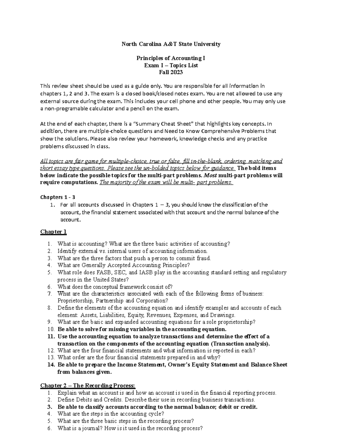 Exam 1 Review Sheet Fall 2023 North Carolina A&T State University