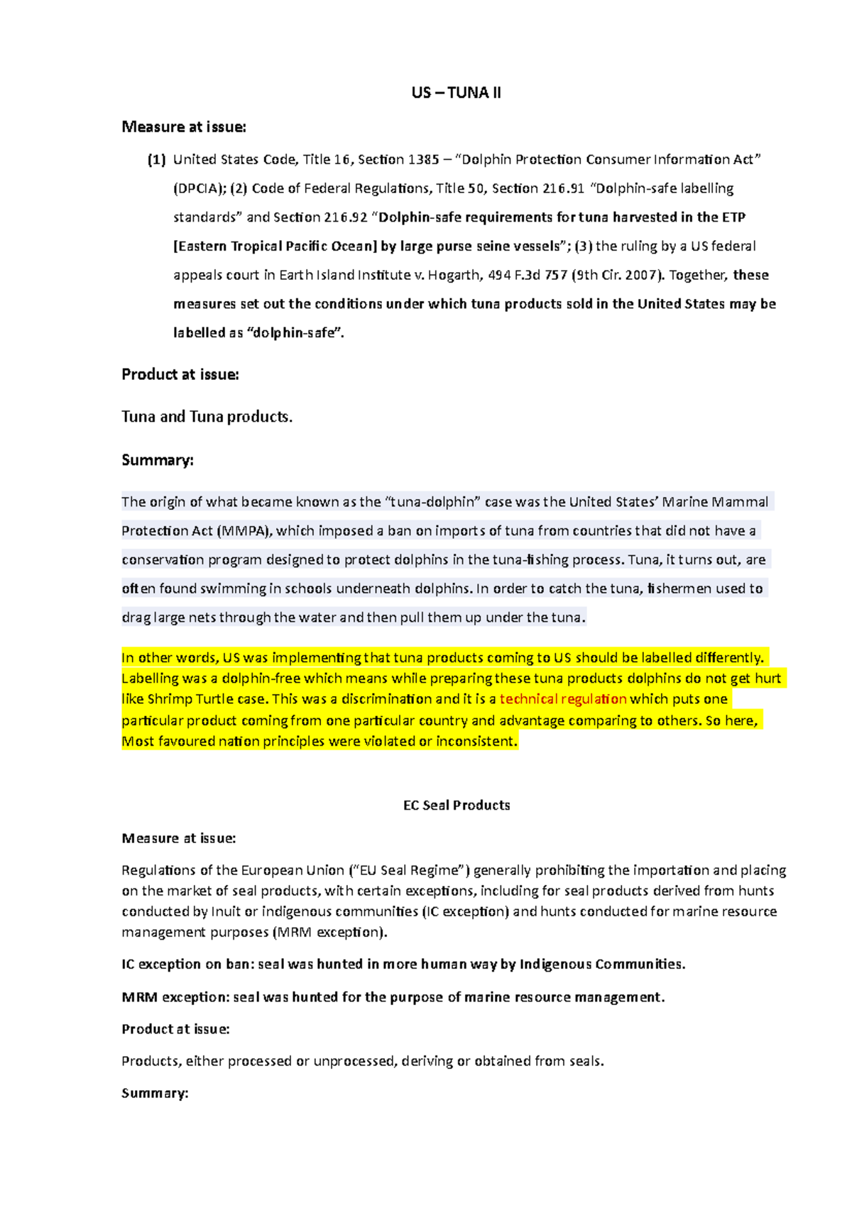 Cases of IEL coursework US TUNA II Measure at issue (1) United