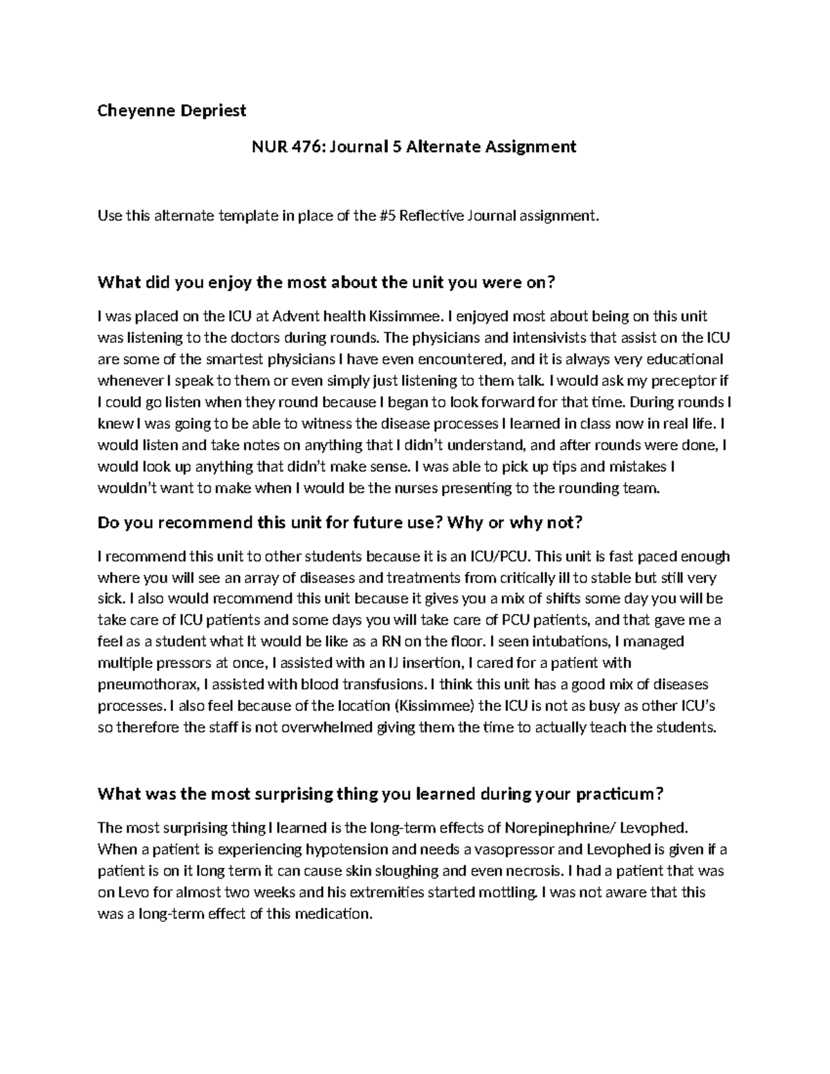 Journal 5 - Cheyenne Depriest NUR 476: Journal 5 Alternate Assignment ...