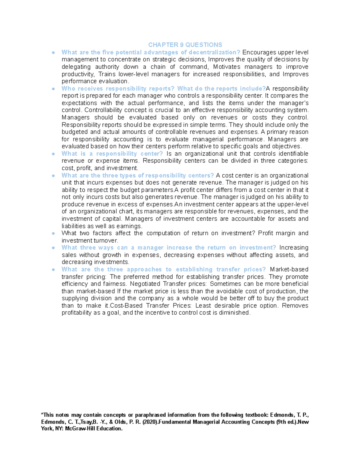 Principles of Mangerial Accounting CH9 Questions - CHAPTER 9 QUESTIONS ...
