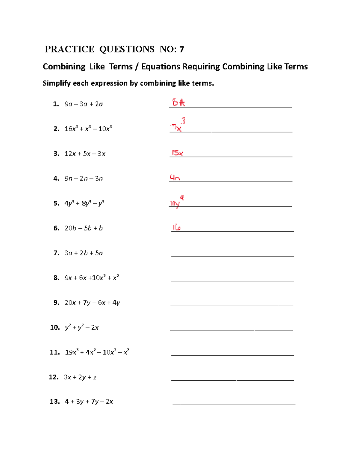 MA 050 Practice Questions No. 7 - Solving Equations with Combining Like ...