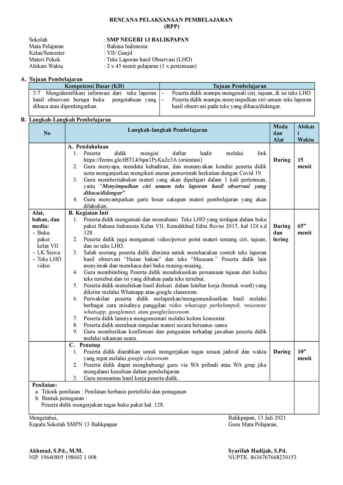 RPP TEKS LHO 3 - RPP 1 Lembar - RENCANA PELAKSANAAN PEMBELAJARAN (RPP ...