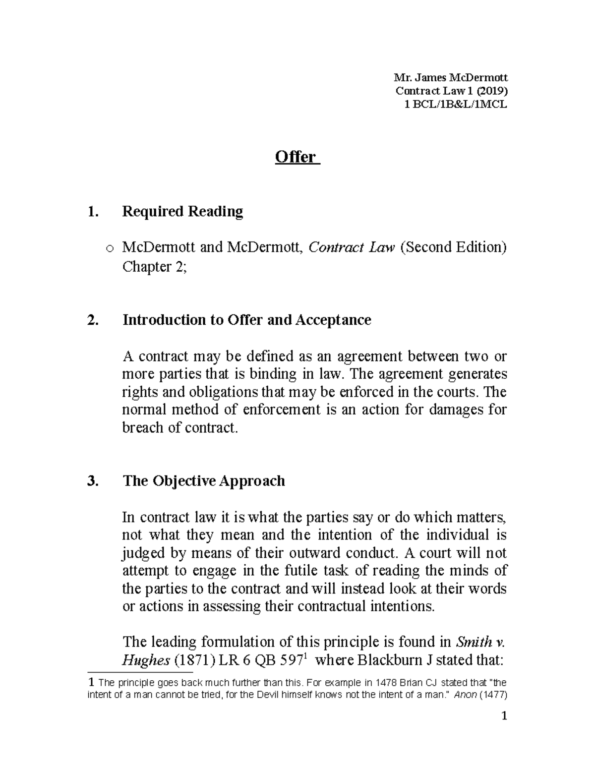 Contract Law 2019 Topic 1 Offer - Mr. James McDermott Contract Law 1 ...
