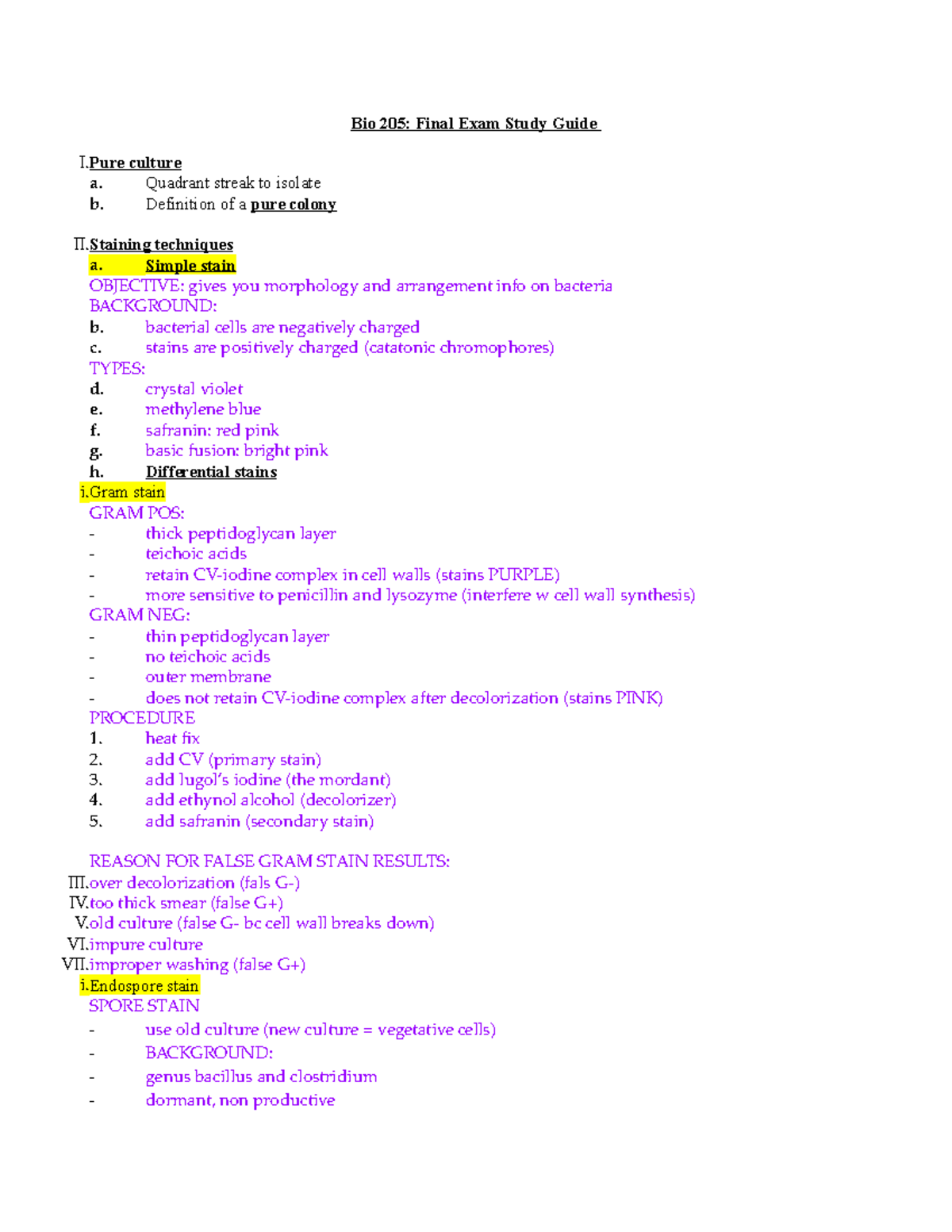 Lab Final Exam studyguide - Bio 205: Final Exam Study Guide I culture a ...