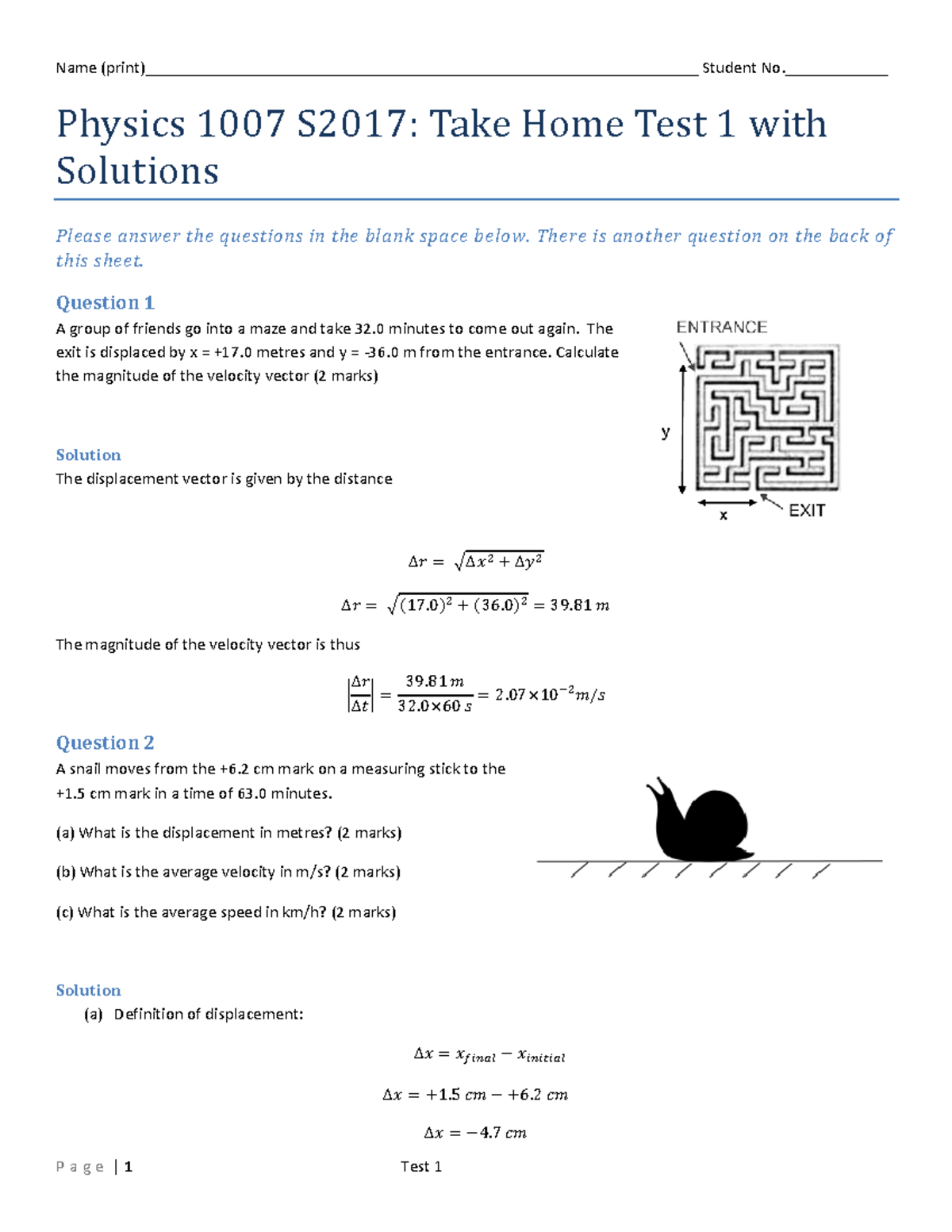 Physics 1007 S2017 In Class Test 1 Solutions - Name - Studocu