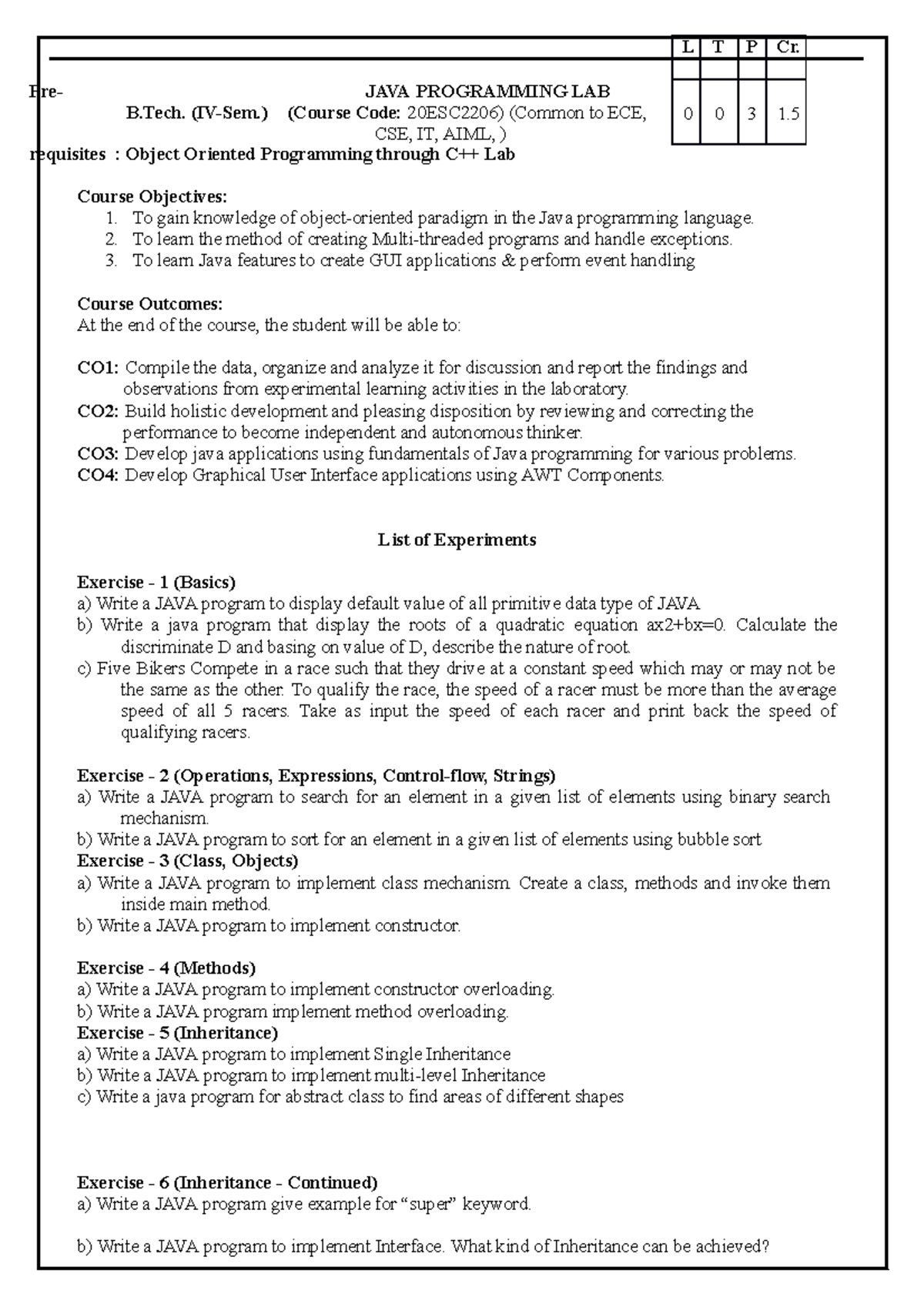 Java lab syllubus - Pre- requisites : Object Oriented Programming ...