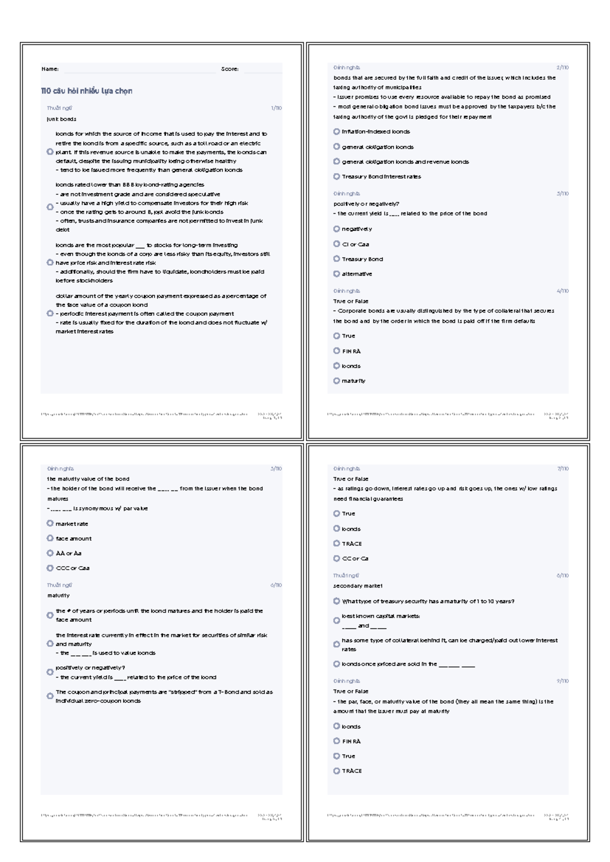 The Bond Market Quizlet Name Score 110 câu hỏi nhiều lựa chọn Thuật
