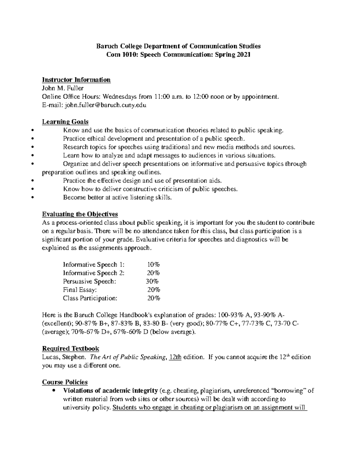 COM 1010 Syllabus - Baruch College Department of Communication Studies ...