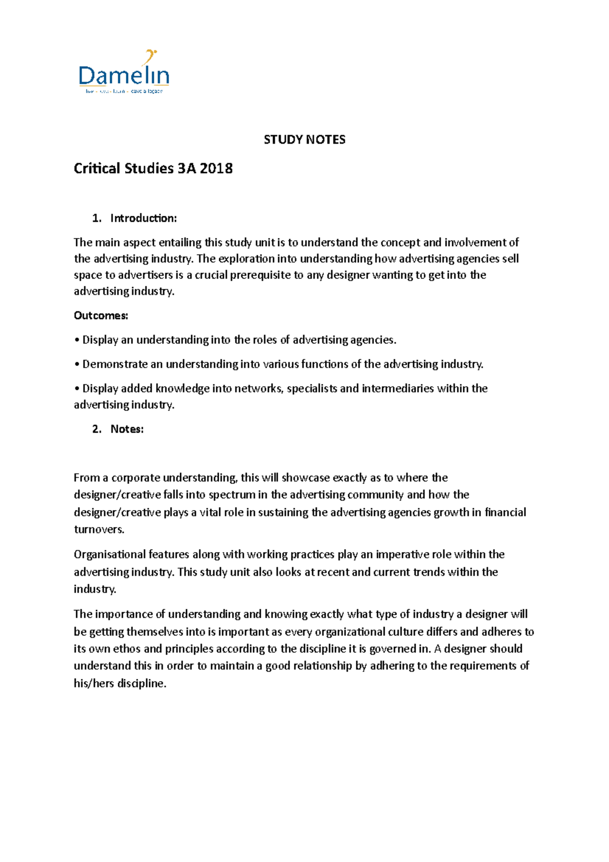 Roles of advertising agencies study notes critical studies 3a 2018 1