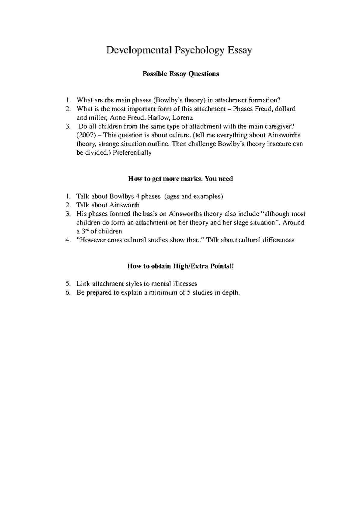 developmental psychology essay questions and answers