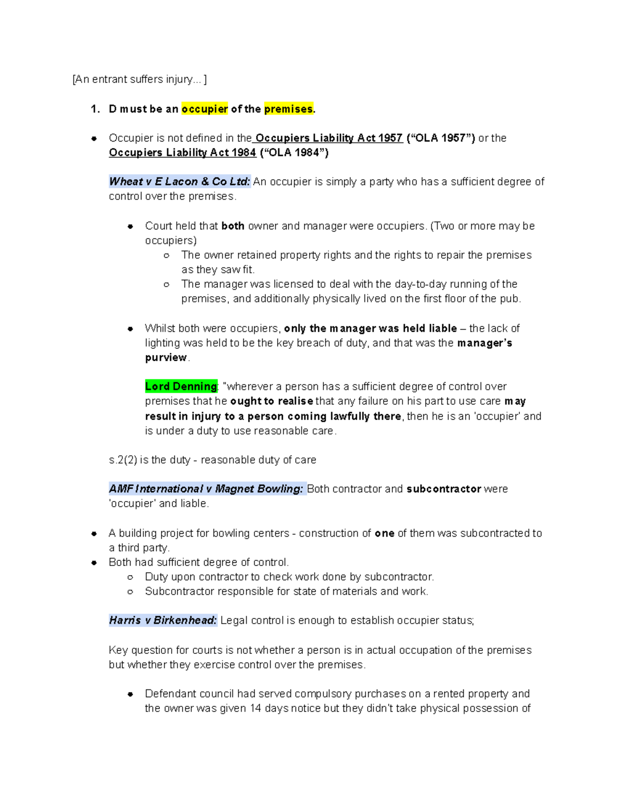 Tort Law: Occupiers' Liability - [An entrant suffers injury...] 1. D ...