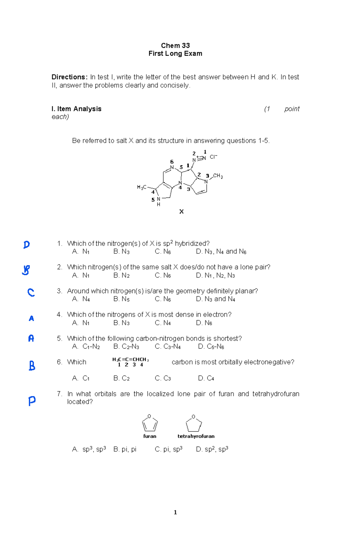 Chem 33 First Long Exam - For practice - Chem 33 First Long Exam ...