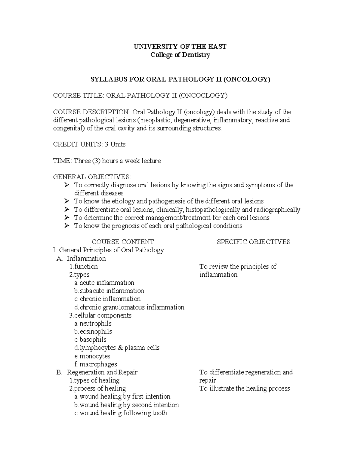 Oral path II syllabus UNIVERSITY OF THE EAST College of