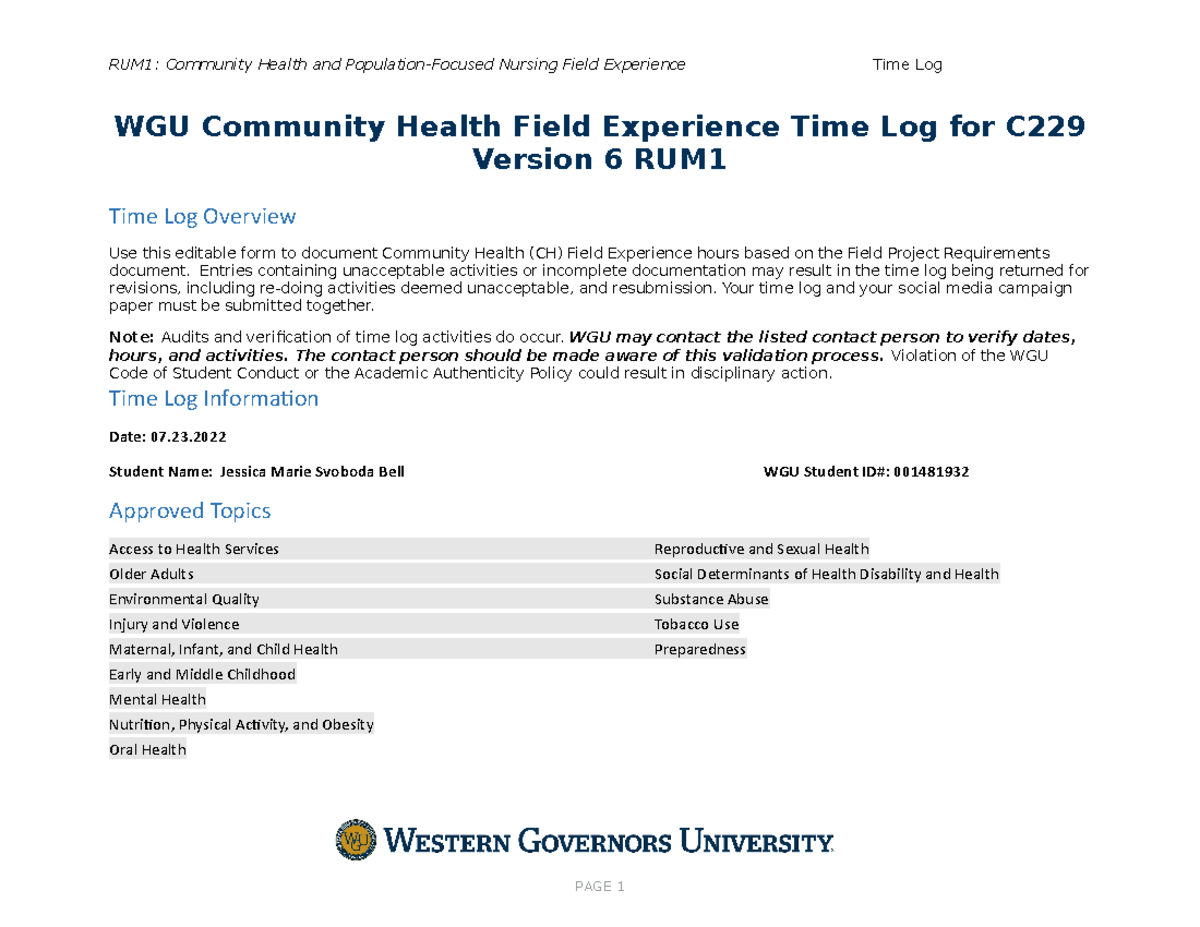 C229 V6 REG Time Log Template - WGU Community Health Field Experience ...