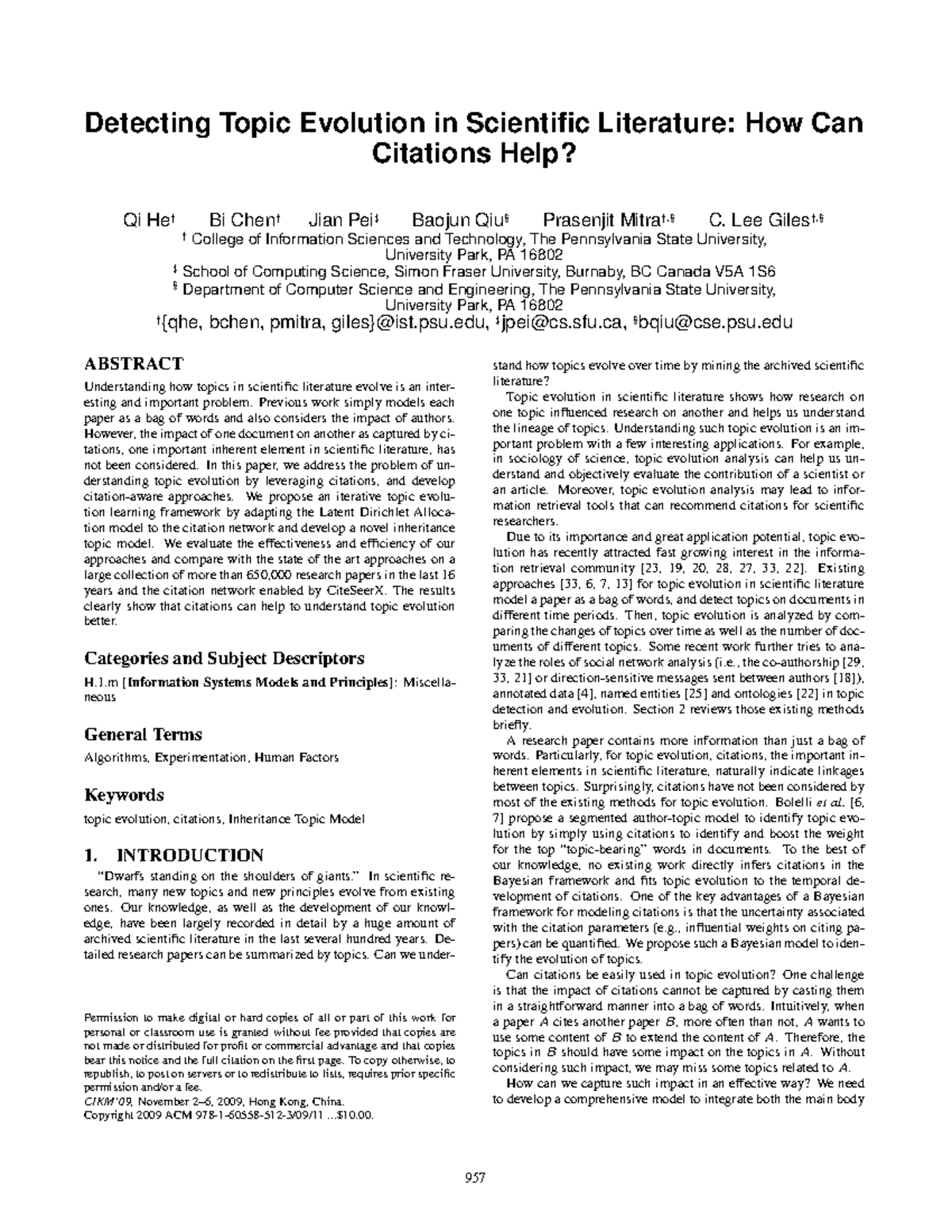 Detecting Topic Evolution - Lee Giles†,§ † College of Information ...