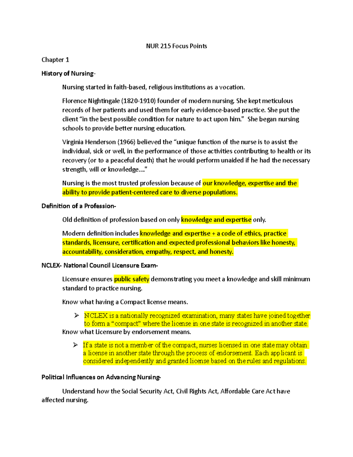 NUR 215 Chapter 1 Focus Points 1- Completed - NUR 215 Focus Points ...