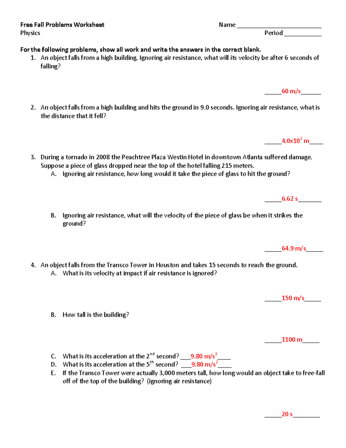 Free-fall-worksheet makeup work - Free Fall Problems Worksheet Name -  Studocu