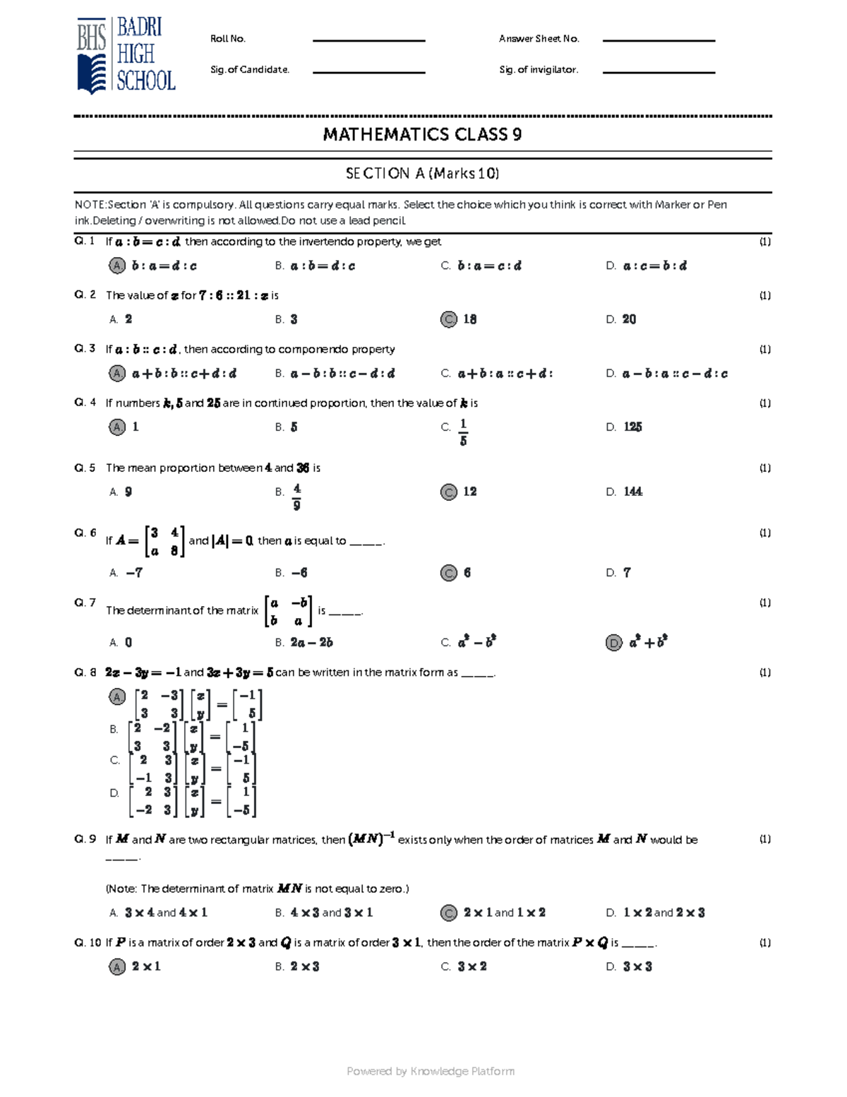 9 math answer key 3rd monthly - Q. 1 If , then according to the ...
