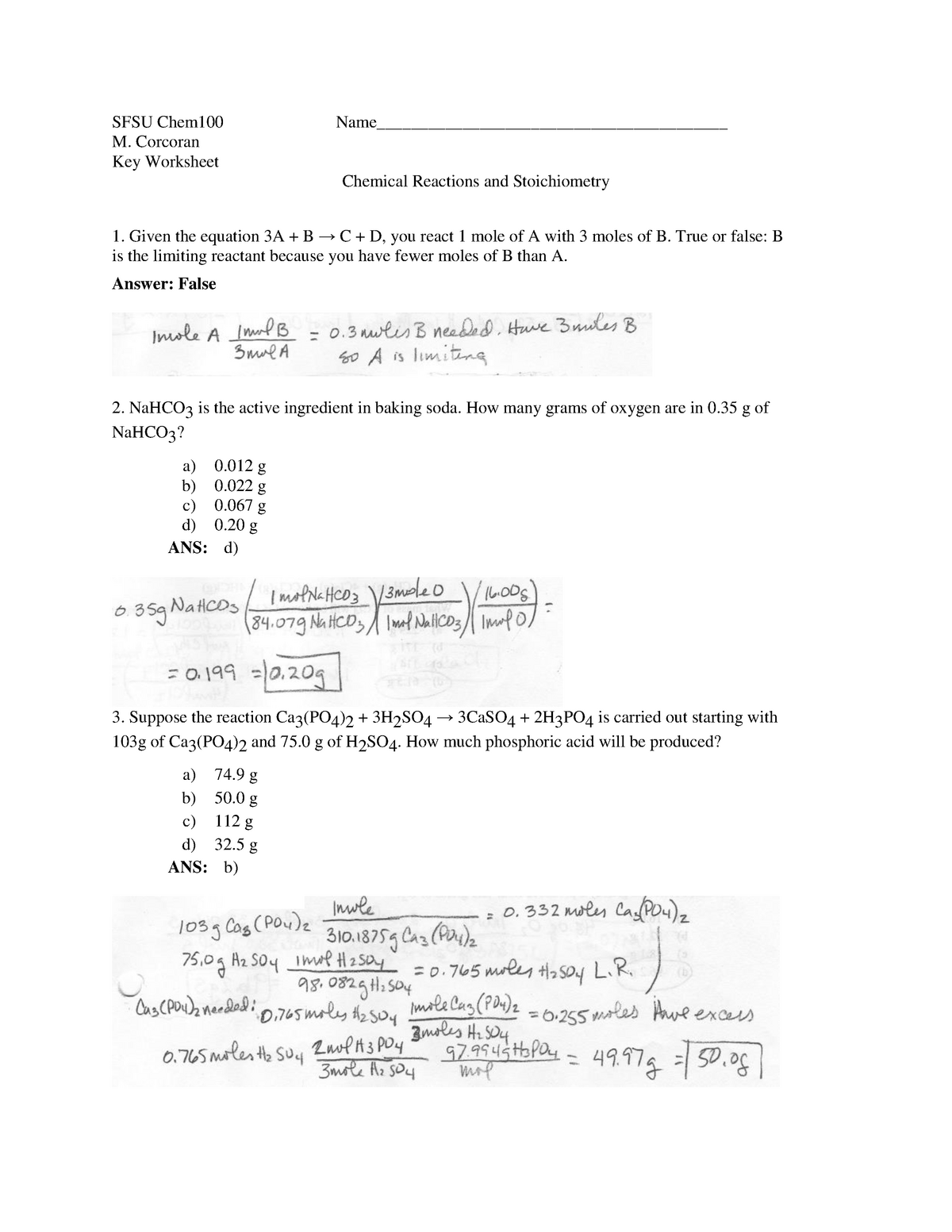 Key Worksheet - Chemical Reactions And Stoichiometry - With Pertaining To Stoichiometry Problems Worksheet Answers