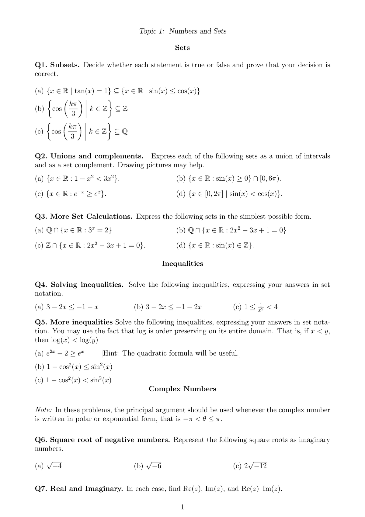 Problem Booklet Topic 1 - Topic 1: Numbers and Sets Sets Q1. Subsets ...