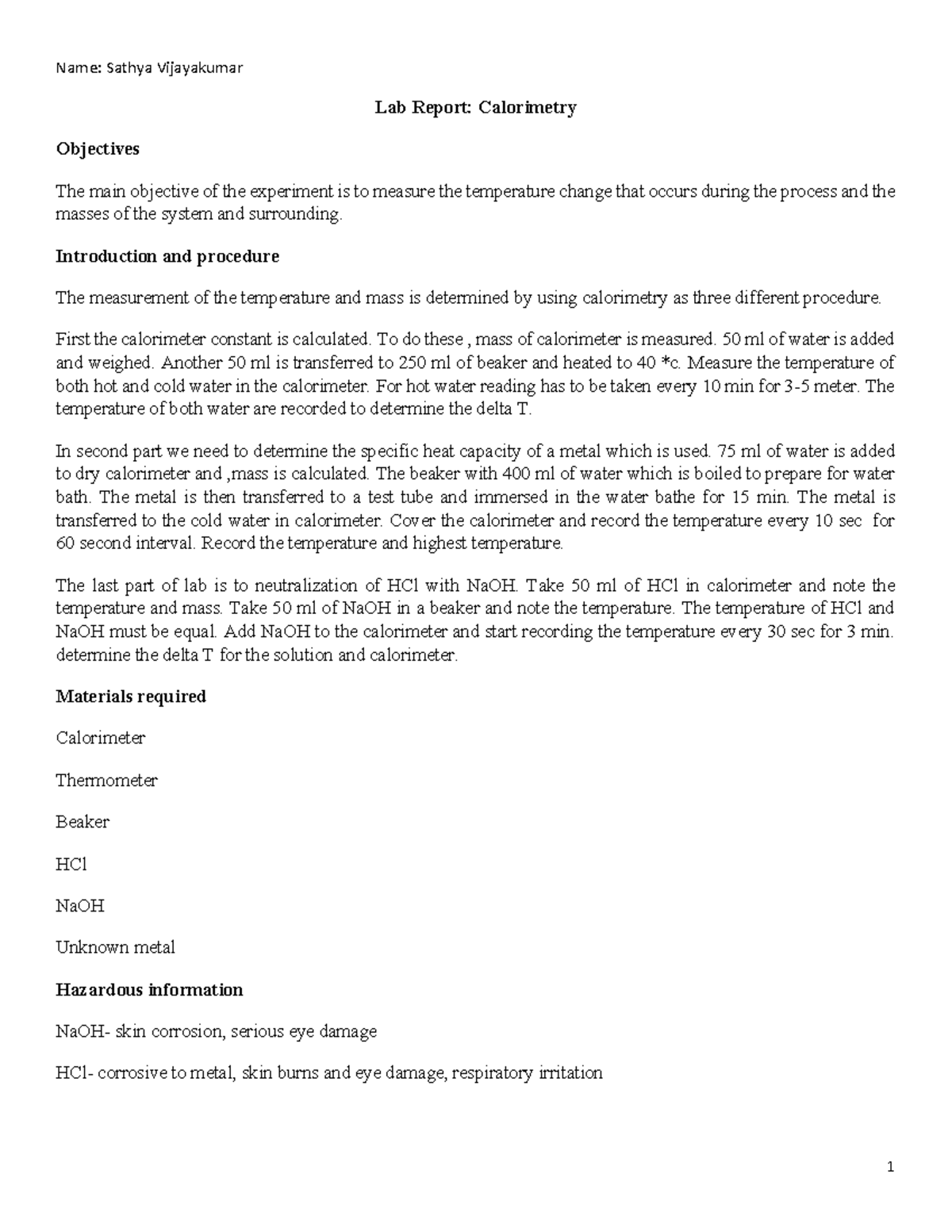 Caloremetry final Calorimetry Lab Report Calorimetry Objectives