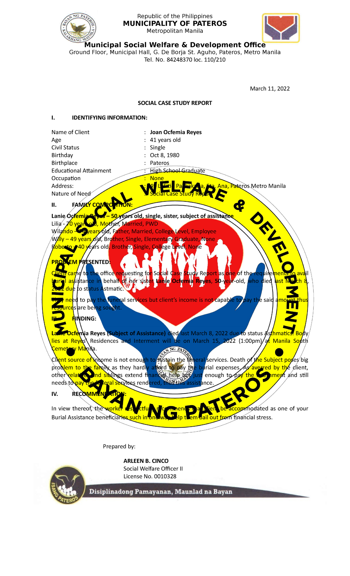 Scsr.Joan Ocfemia Reyes - MUNICIPALITY OF PATEROS Metropolitan Manila ...