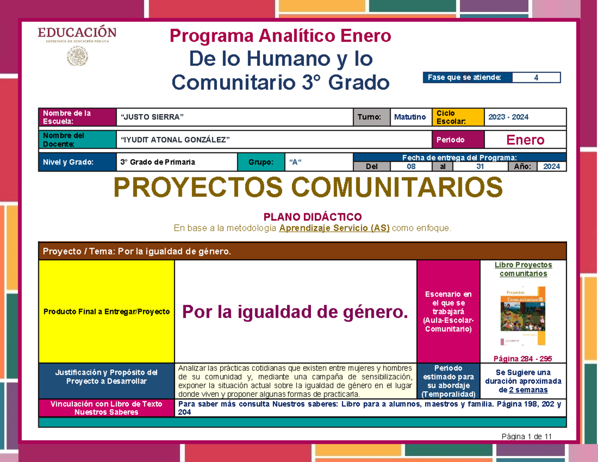 3° Primaria - De lo Humano y lo Comunitario - Enero - Programa