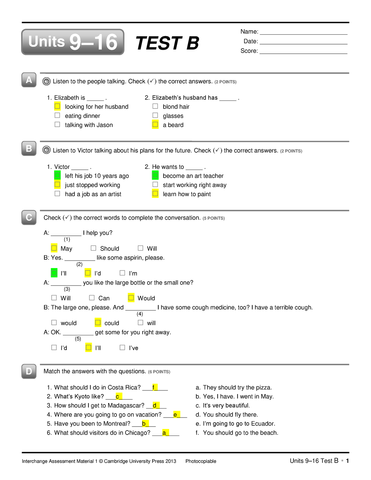 Quiz 9 to16 (test B) quiz intro 916 cambridge libro amarillo A B C