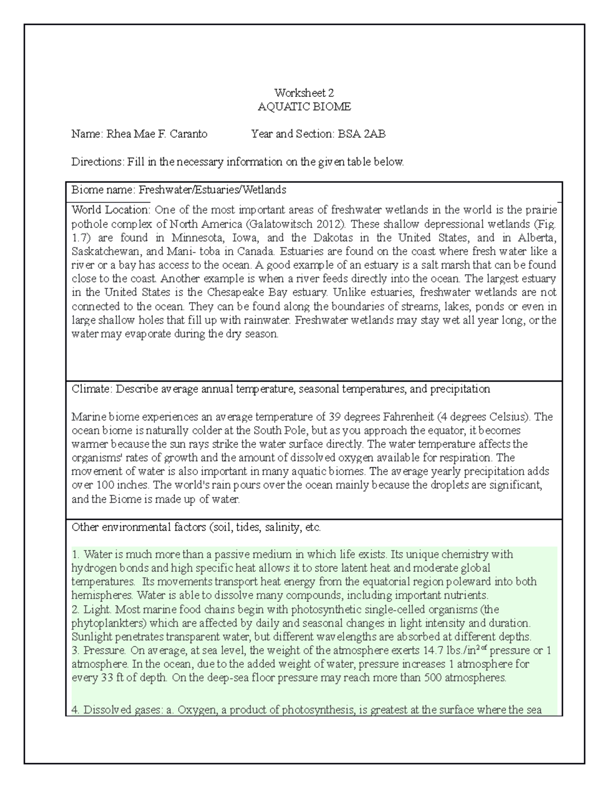 Activity+2+Aqutaic+Biome - Worksheet 2 AQUATIC BIOME Name: Rhea Mae F ...