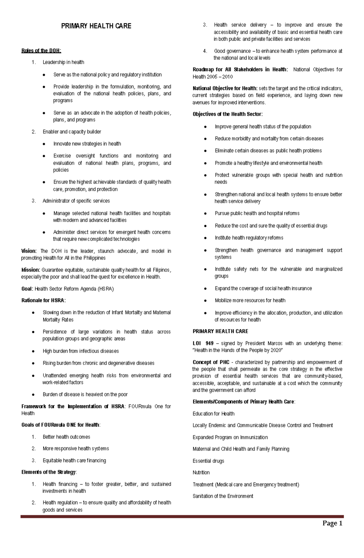 PHC Handouts - Summary BS Nursing - PRIMARY HEALTH CARE Roles of the ...