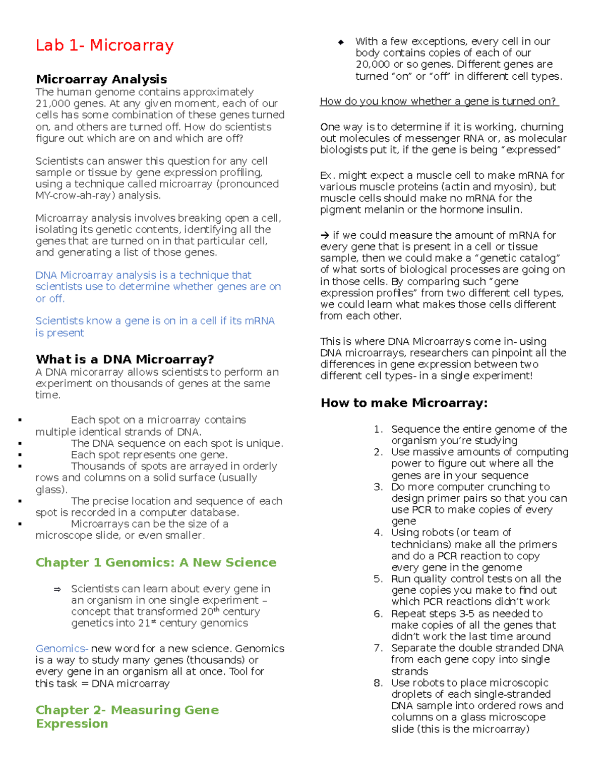 Lab 1- notes for altered. phys cancer biology - Lab 1- Microarray ...