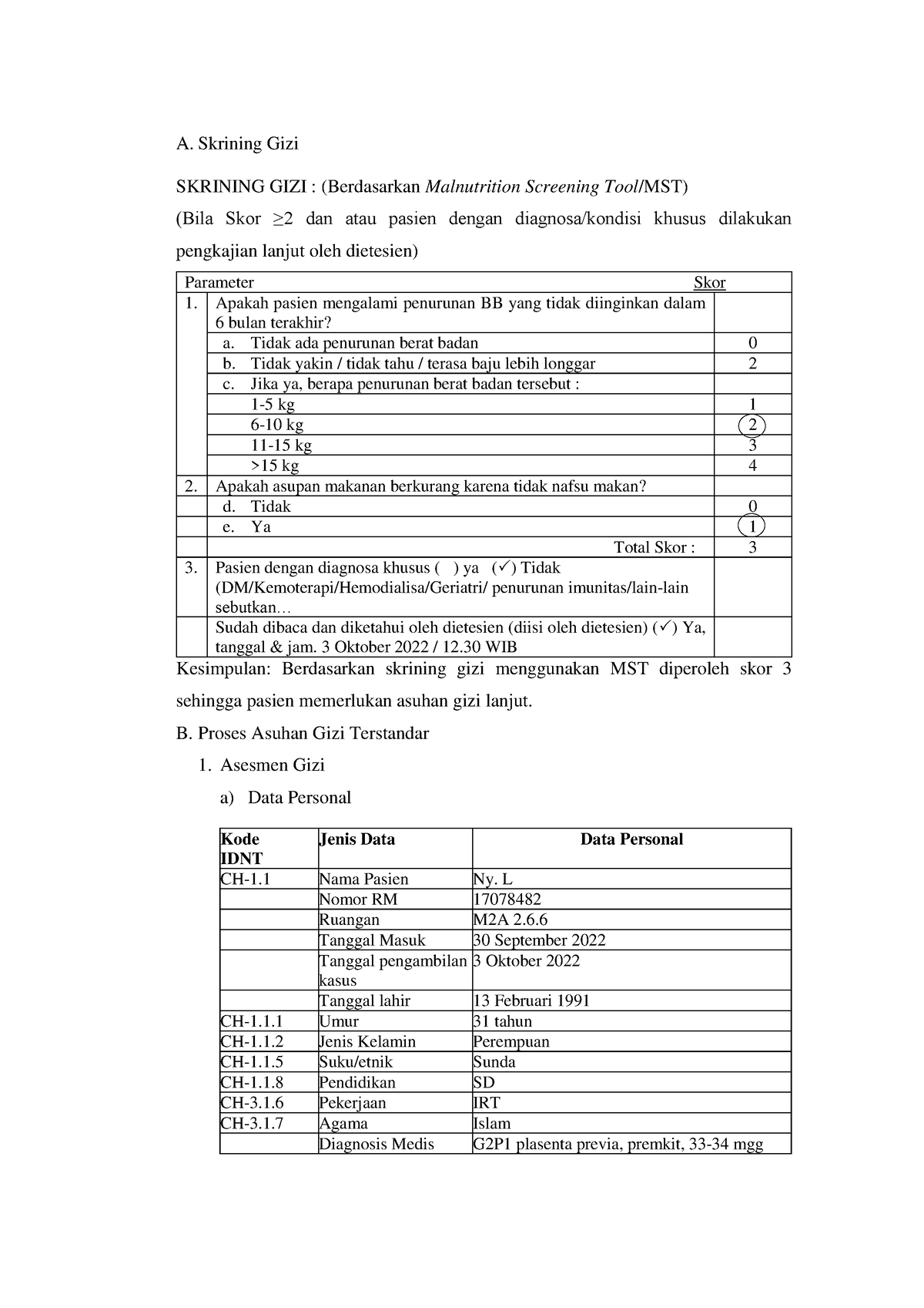 PAGT Pasien G2P1, Plasenta Previa, Dan Premkit - A. Skrining Gizi ...