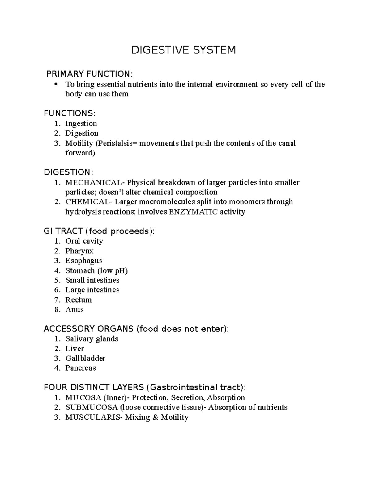 Digestive System - Lecture - DIGESTIVE SYSTEM PRIMARY FUNCTION: To ...