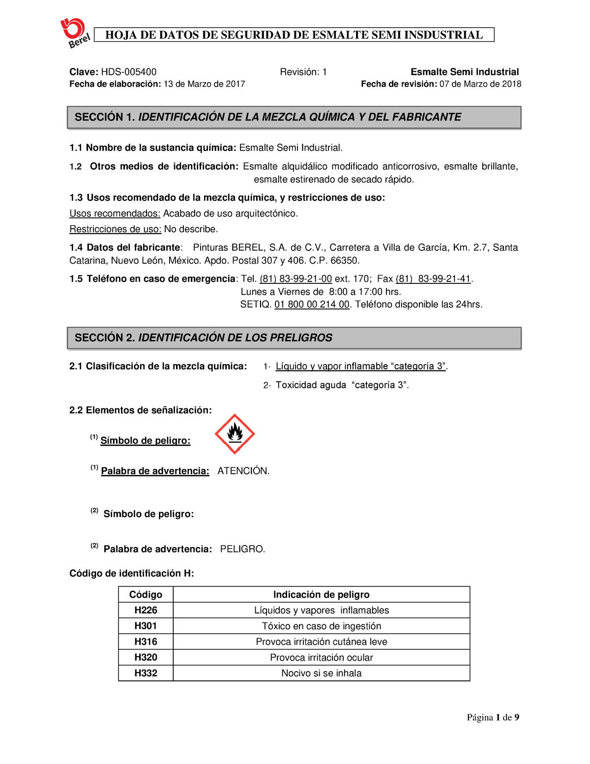 Hds Pintura Doal Hoja De Datos De Seguridad De Esmalte Semi Insdustrial Clave Hds 005400 1220